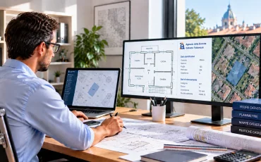 Tecnico consulta planimetria e dati catastali digitali di un immobile
