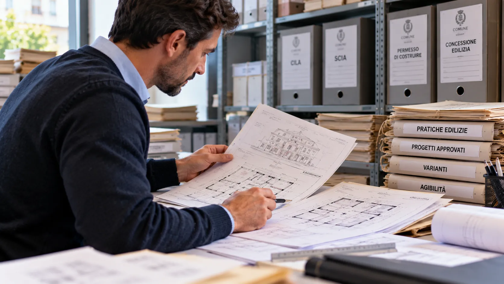Esame delle pratiche edilizie depositate in Comune Tecnico esamina pratiche edilizie, progetti e documenti storici conservati negli archivi comunali