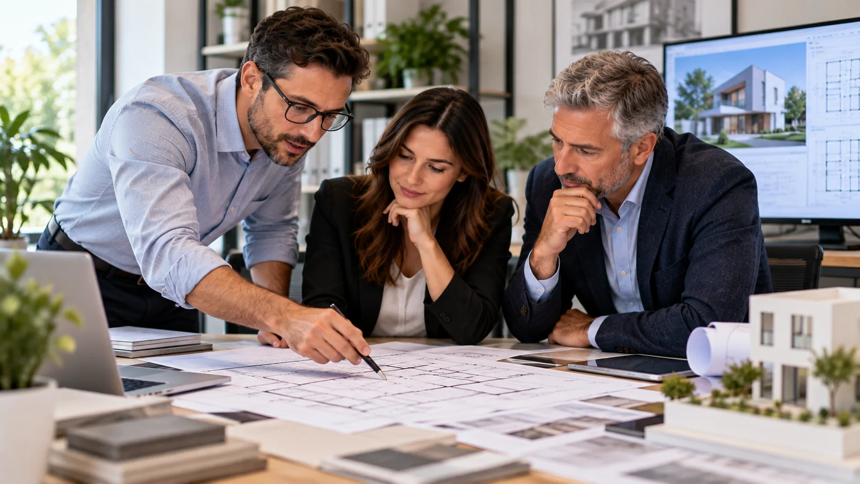Geometra, architetto e ingegnere analizzano un progetto immobiliare in uno studio tecnico