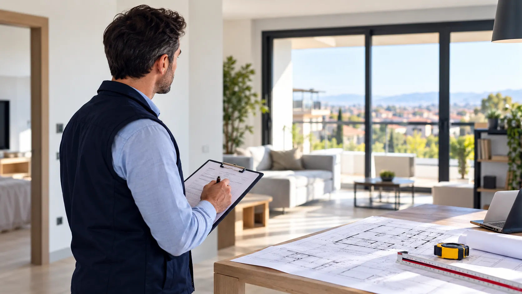 Tecnico durante la valutazione di un immobile per perizia e stima immobiliare