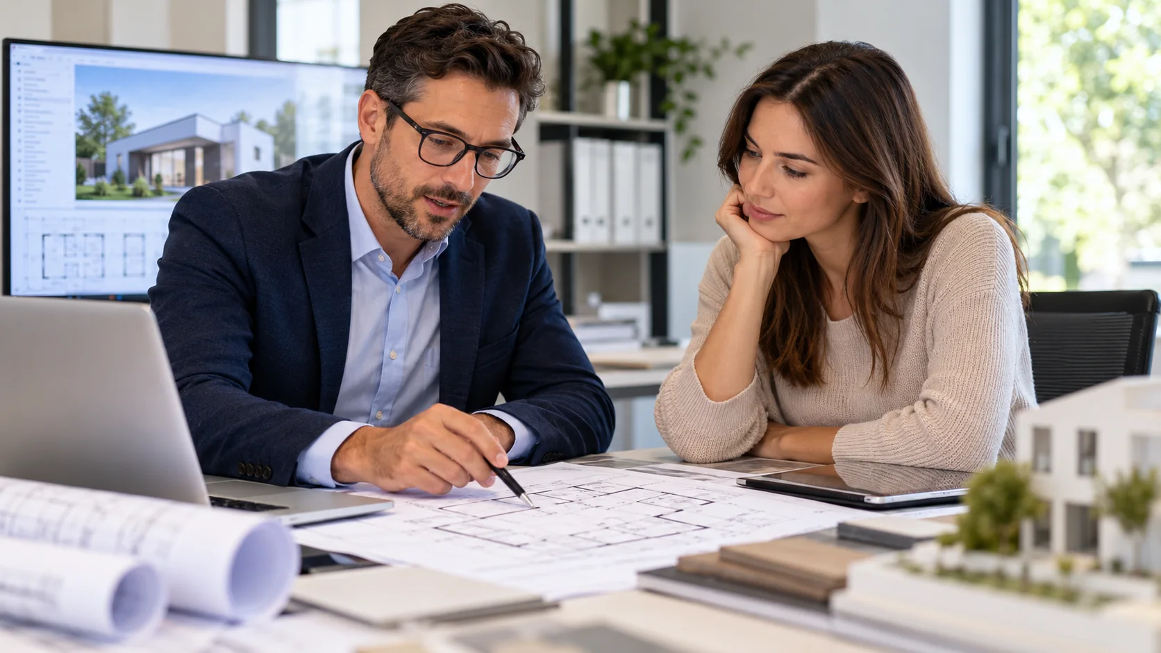 Tecnico consulta un cliente per progettazione e servizi immobiliari dello studio tecnico online